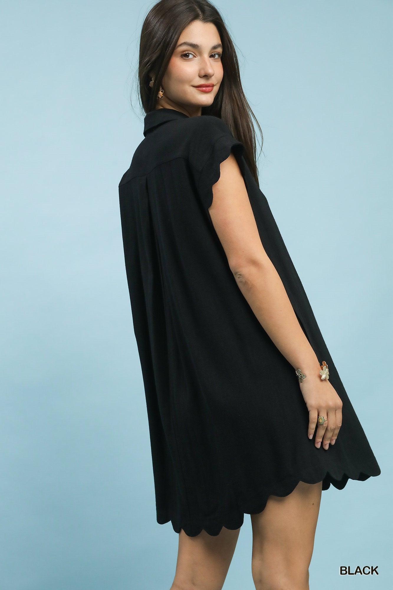 Linen Scalloped Hem Dress: Black