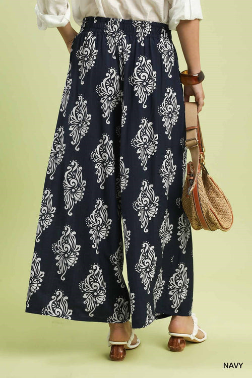 Abstract Print Wide Leg Pants: Navy