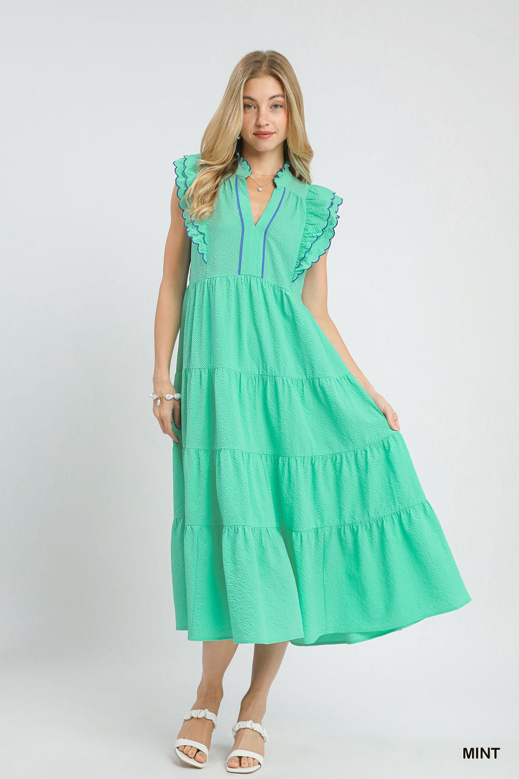 Seersucker Ruffle Sleeve Tiered Midi Dress