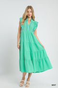 Seersucker Ruffle Sleeve Tiered Midi Dress