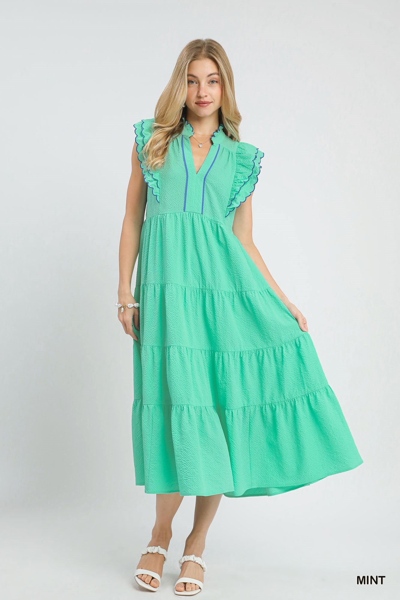 Seersucker Ruffle Sleeve Tiered Midi Dress