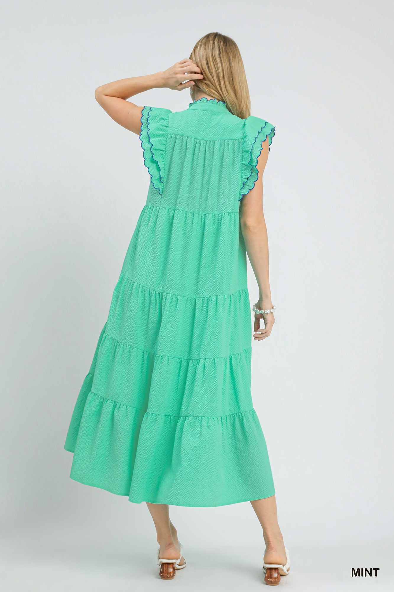 Seersucker Ruffle Sleeve Tiered Midi Dress