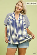 Striped V-Neck Top: Blue