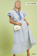 Striped Flutter Sleeve Midi Dress - Ocean