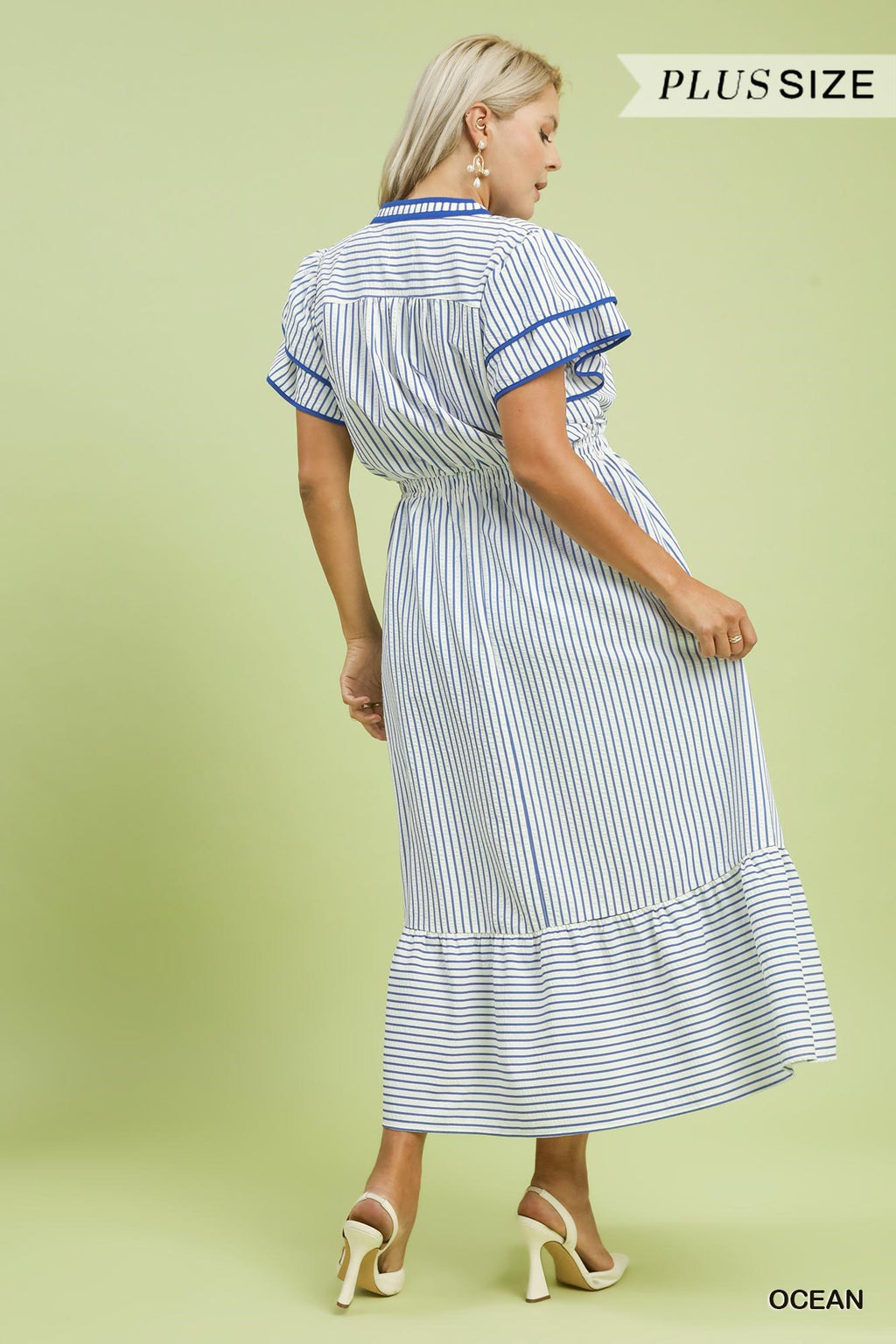 Striped Flutter Sleeve Midi Dress - Ocean