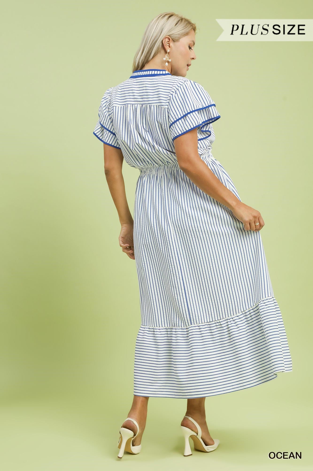 Striped Flutter Sleeve Midi Dress - Ocean