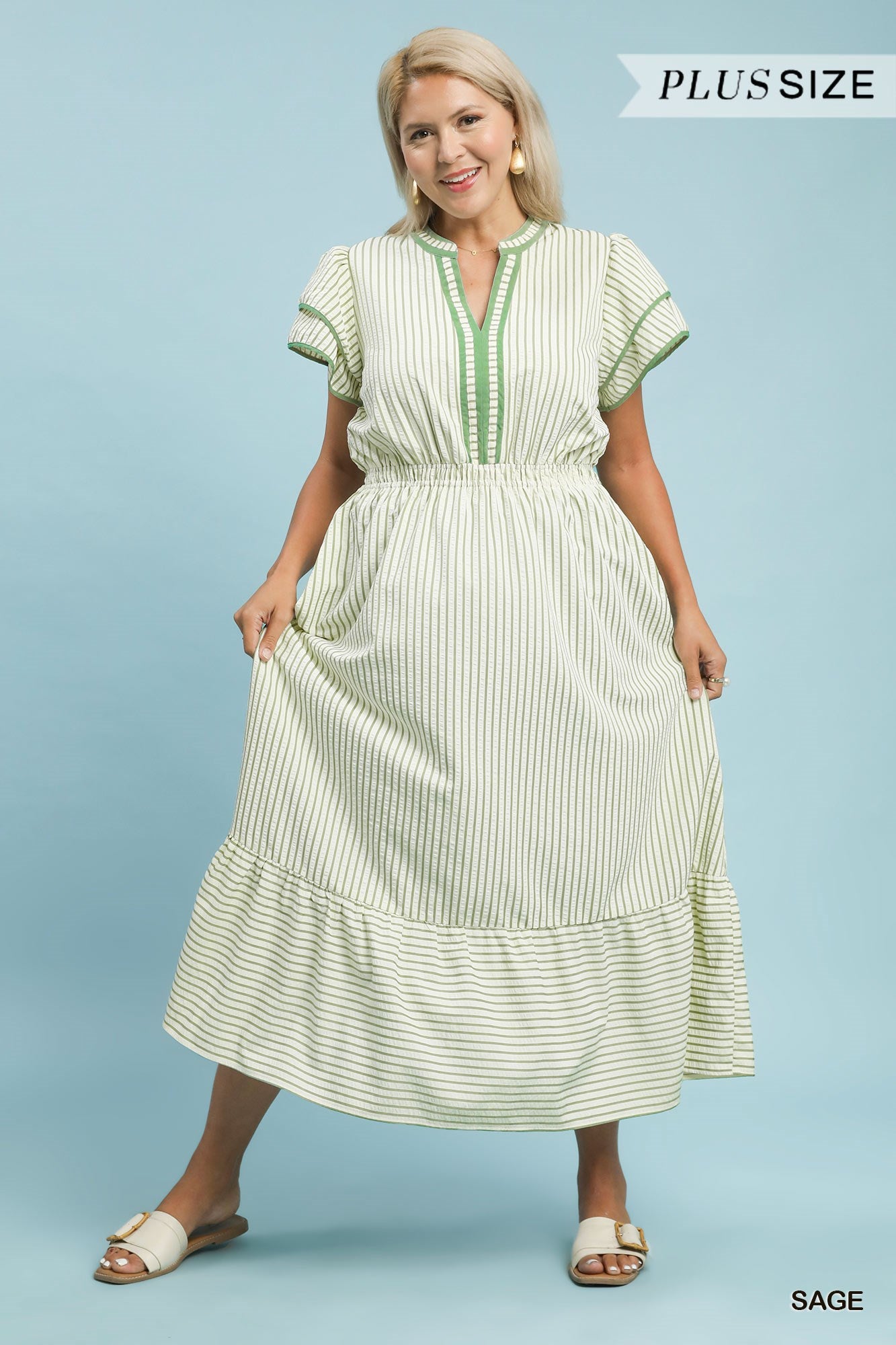 Striped Flutter Sleeve Midi Dress - Sage