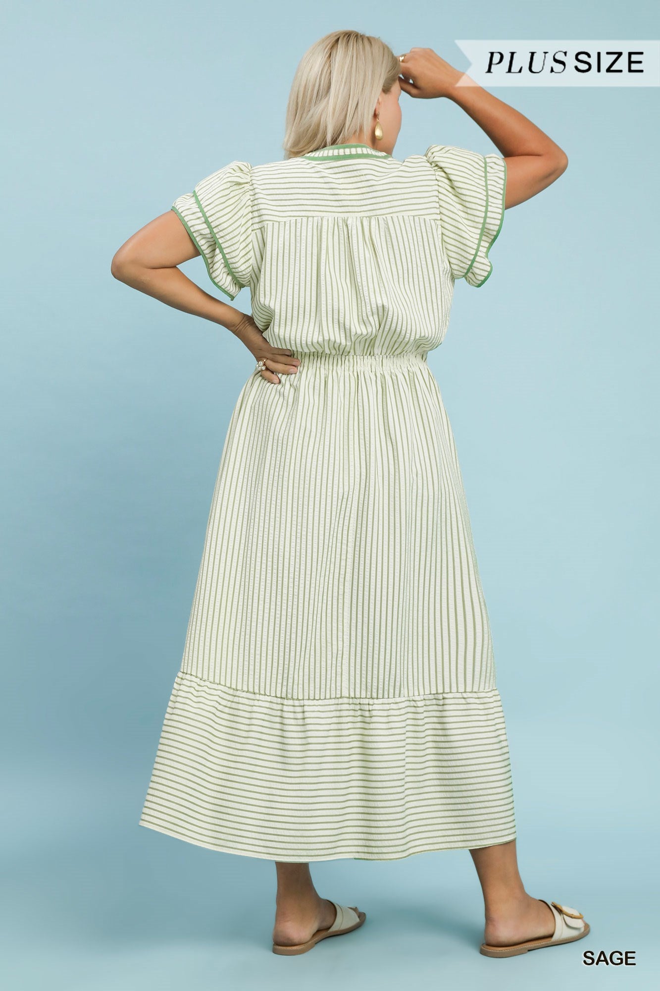 Striped Flutter Sleeve Midi Dress - Sage