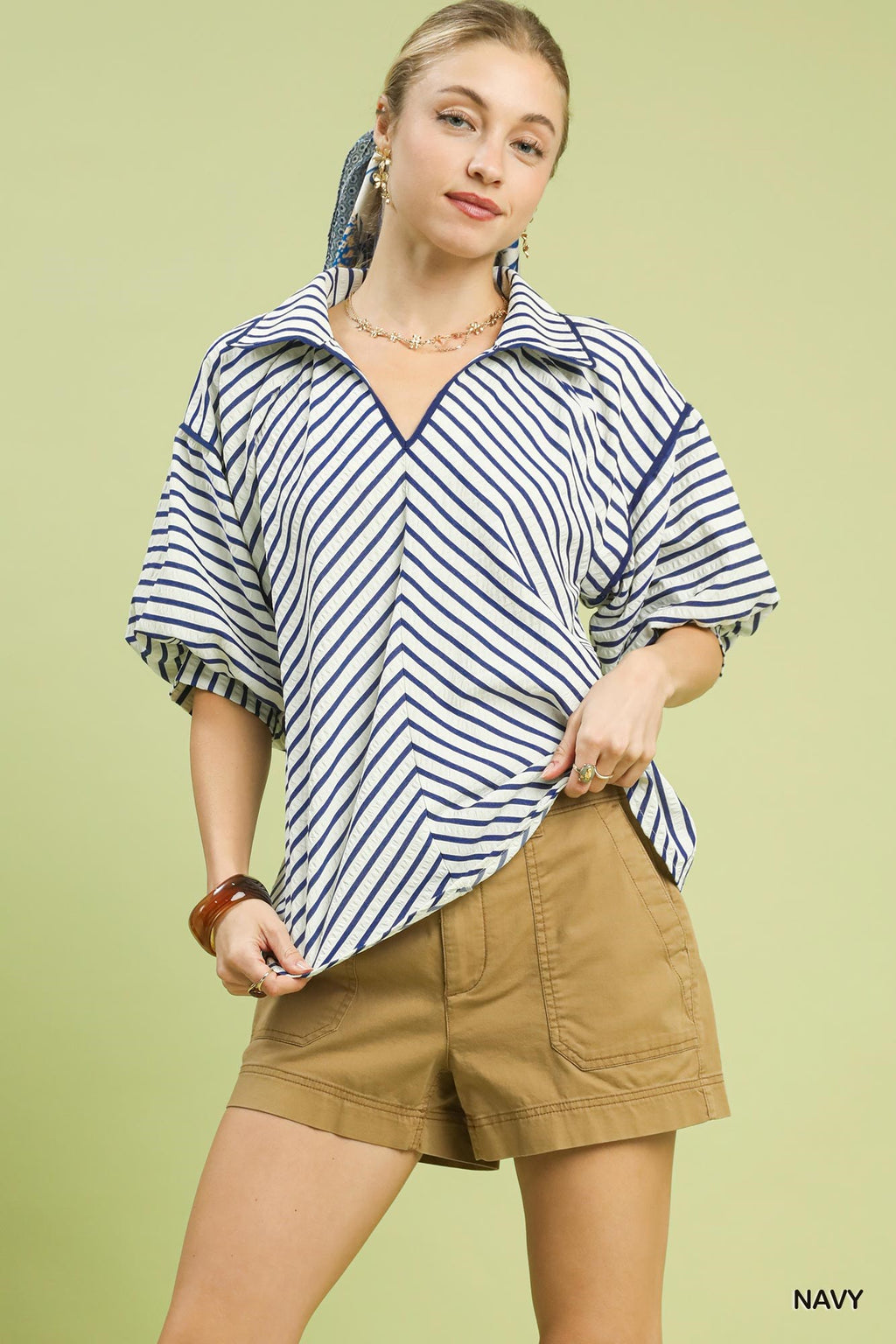 Chevron Stripe Collared Relaxed Top