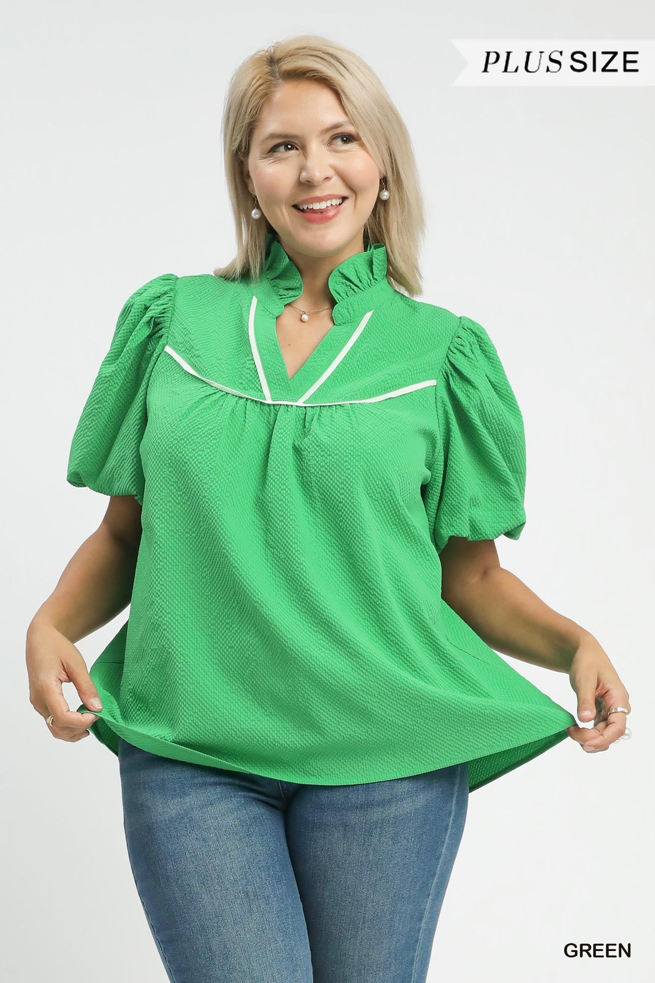 Textured Puff Sleeve Ruffle Neck Top