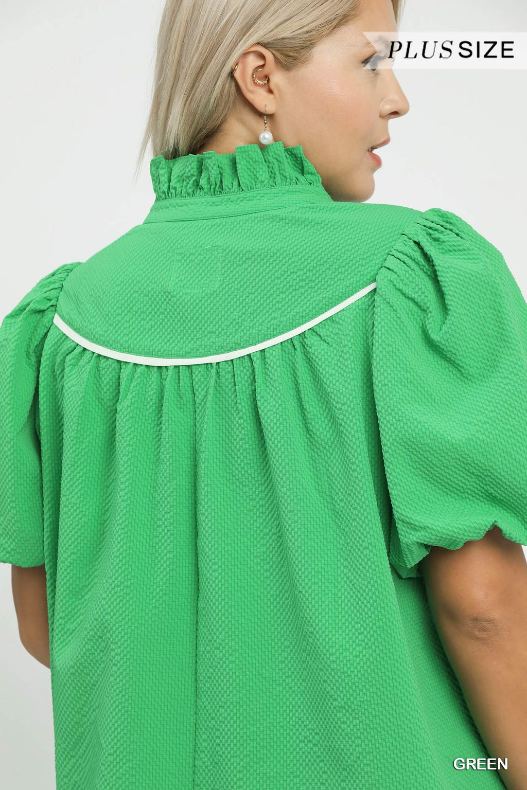 Textured Puff Sleeve Ruffle Neck Top