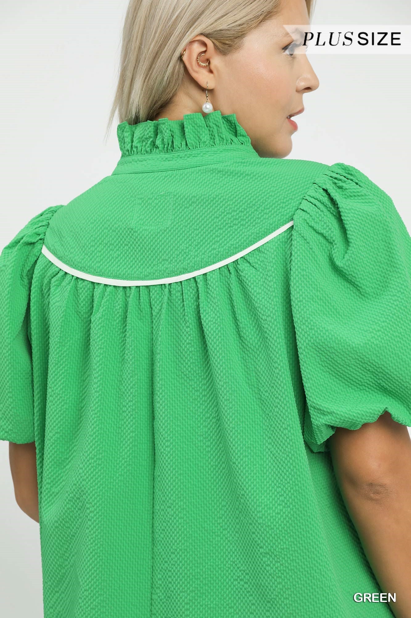 Textured Puff Sleeve Ruffle Neck Top