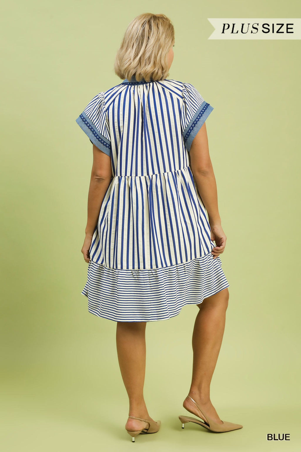 Mixed Stripe Flutter Sleeve Tiered Babydoll Dress: Blue