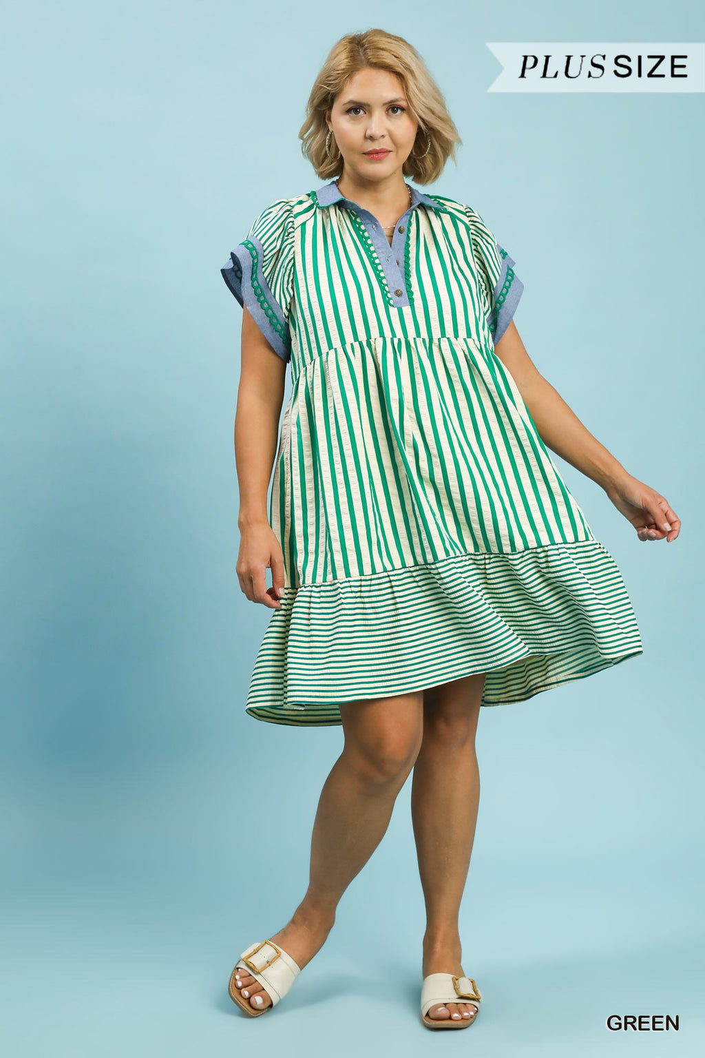 Mixed Stripe Flutter Sleeve Tiered Babydoll Dress
