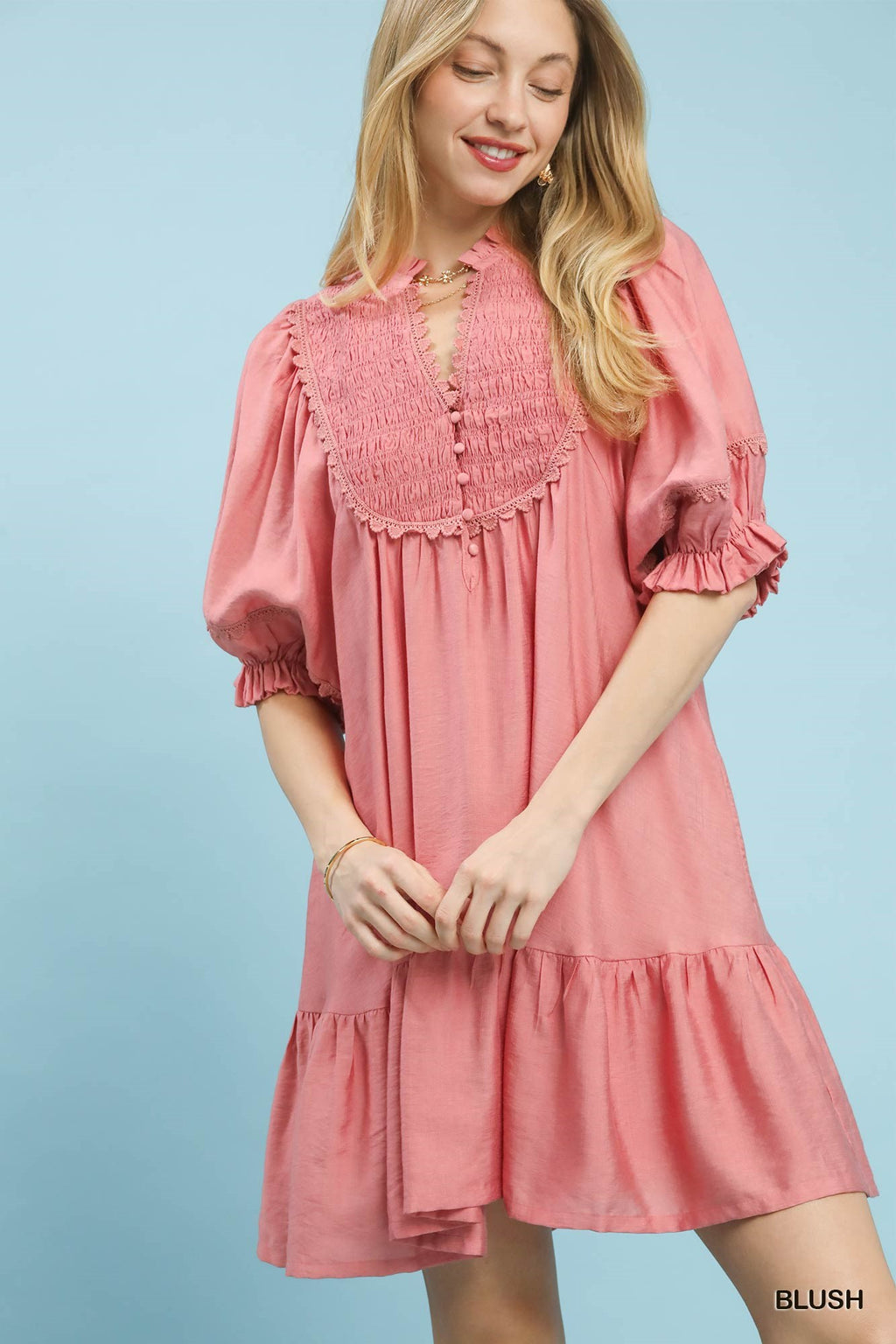 Smocked Bib Ruffle Hem Babydoll Dress: Blush