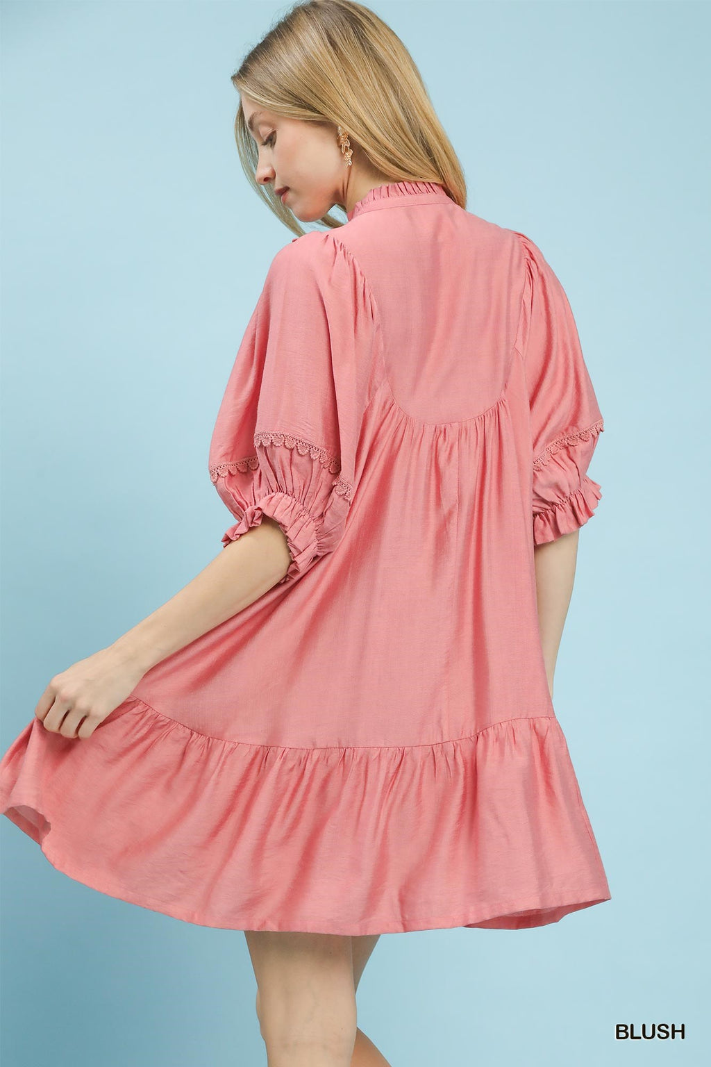 Smocked Bib Ruffle Hem Babydoll Dress: Blush