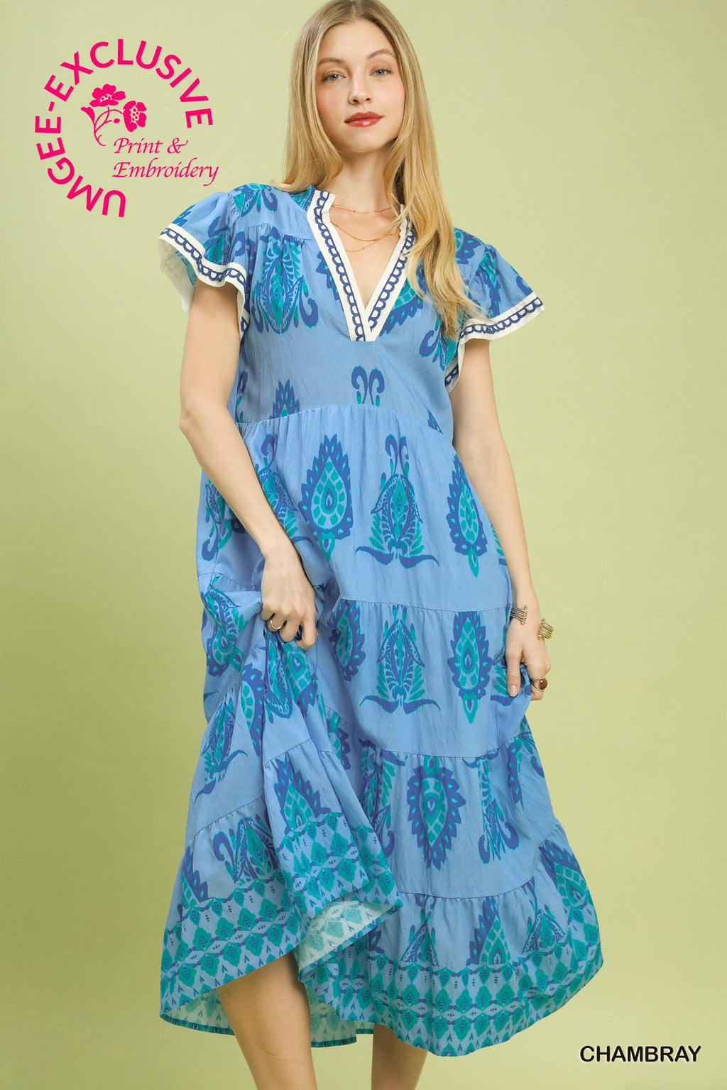 Print Flutter Sleeve Tiered Midi Dress - Blue