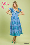 Print Flutter Sleeve Tiered Midi Dress - Blue