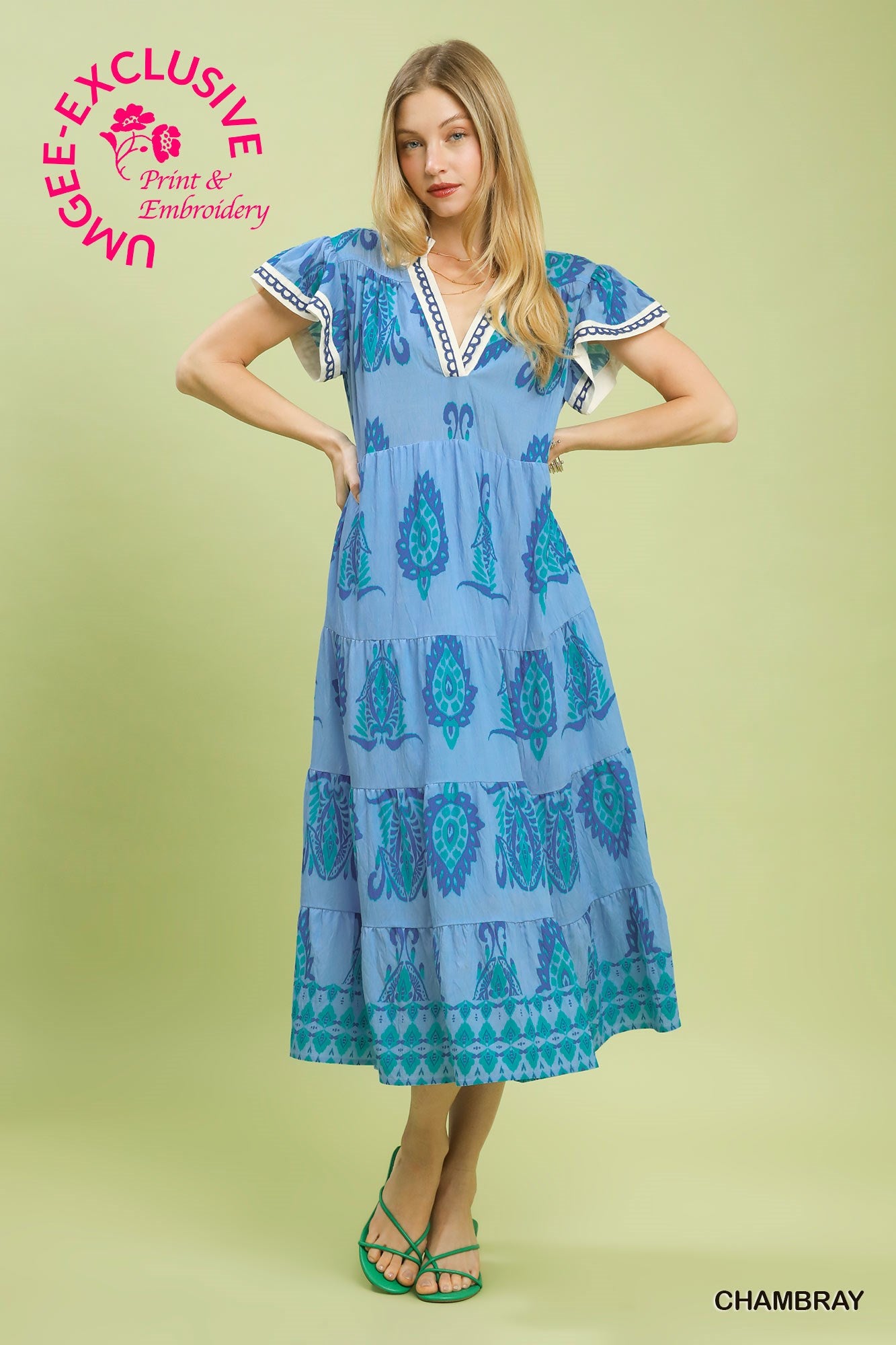 Print Flutter Sleeve Tiered Midi Dress - Blue