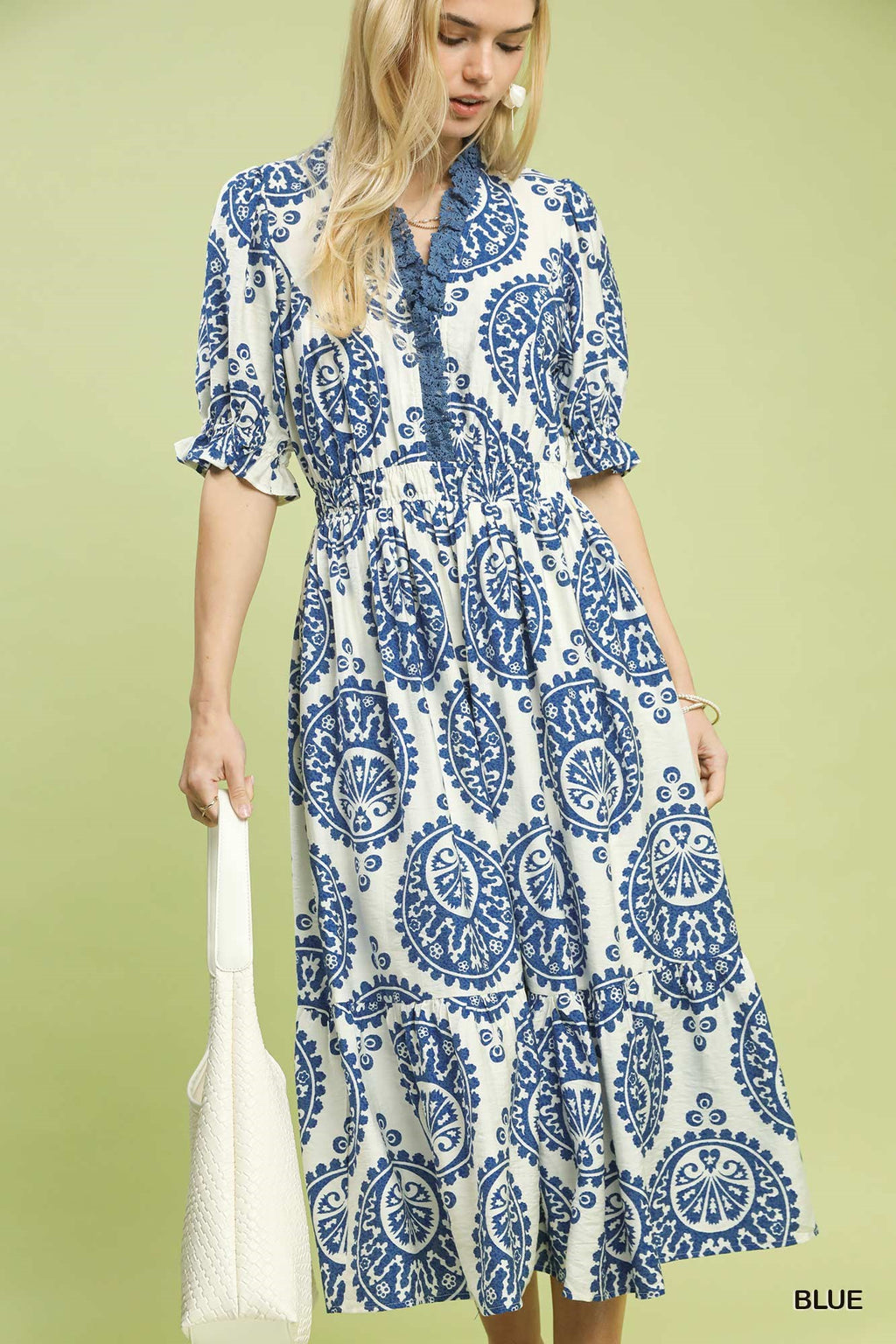 Paisley Smocked Waist Midi Dress - Blue