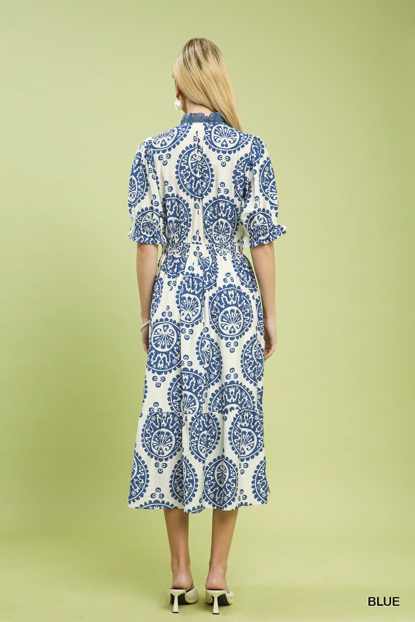 Paisley Smocked Waist Midi Dress - Blue