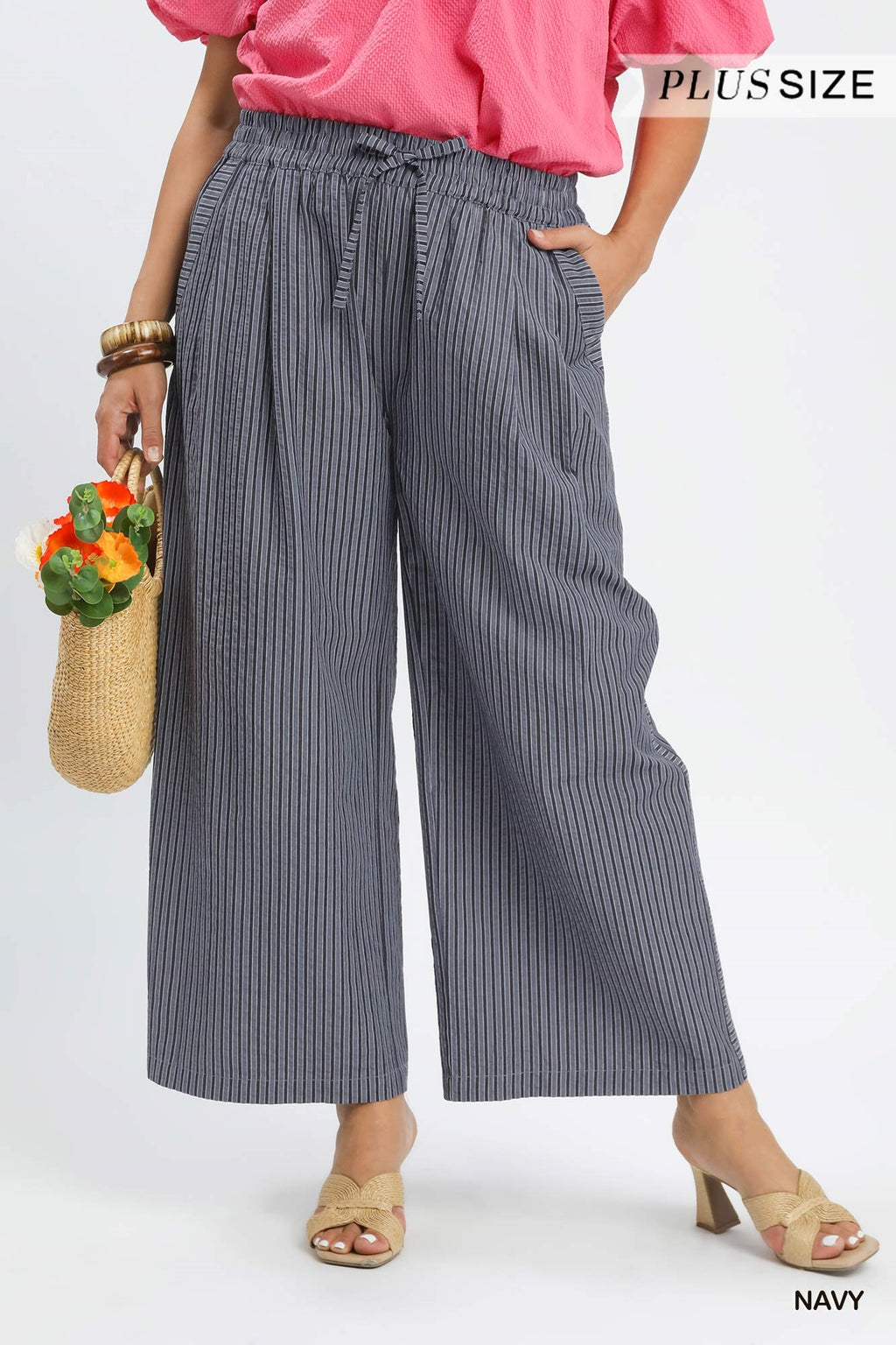 Striped Wide-Leg Pants: Navy