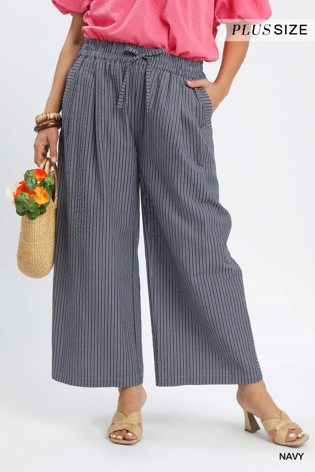 Striped Wide-Leg Pants: Navy