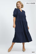 Solid V-Neck Tiered Midi Dress