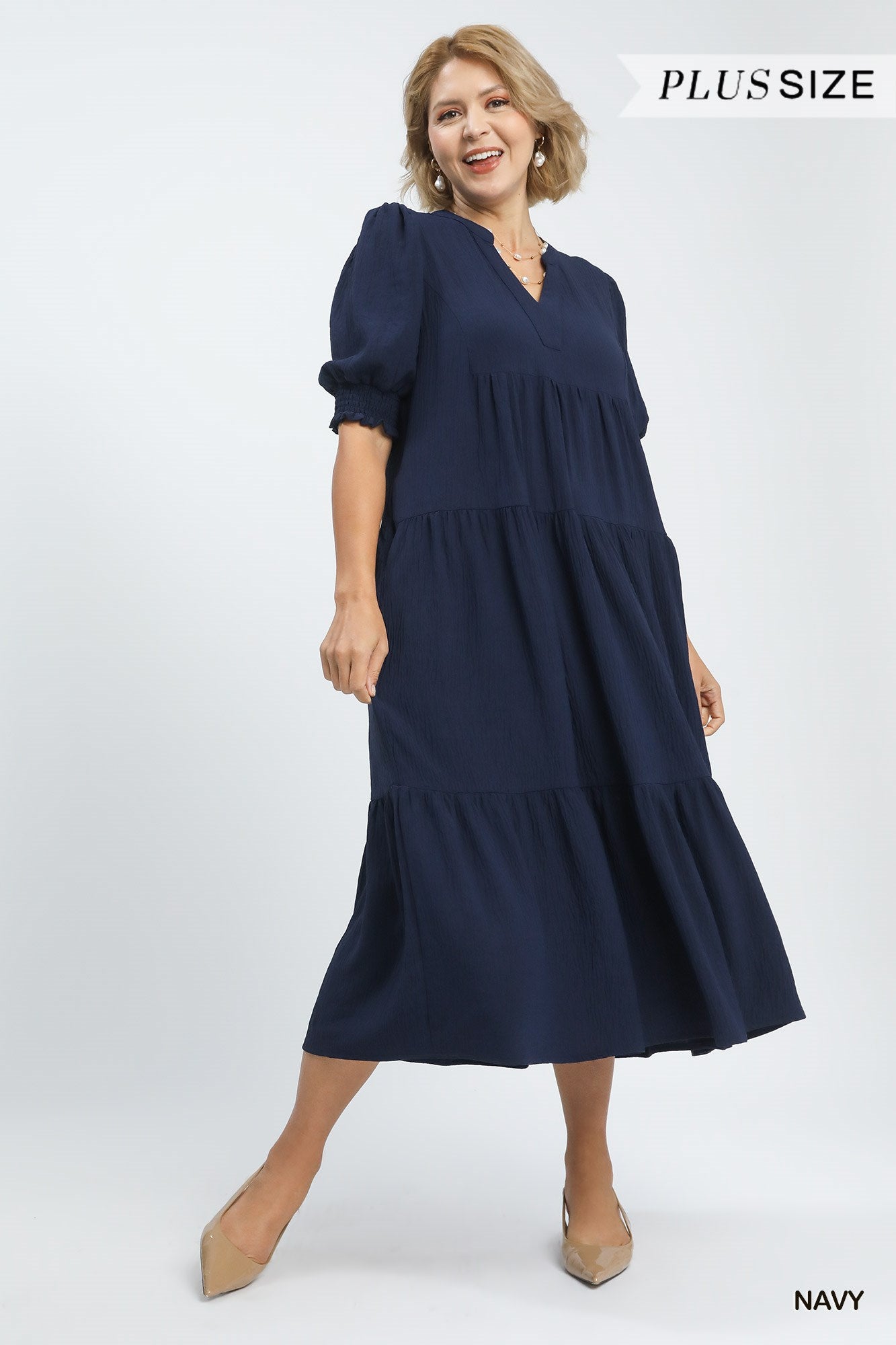Solid V-Neck Tiered Midi Dress