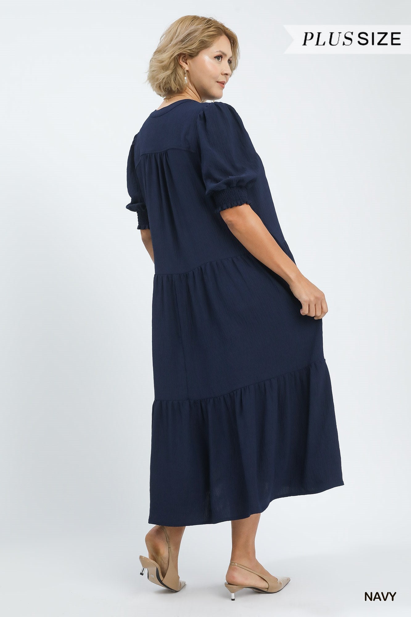 Solid V-Neck Tiered Midi Dress