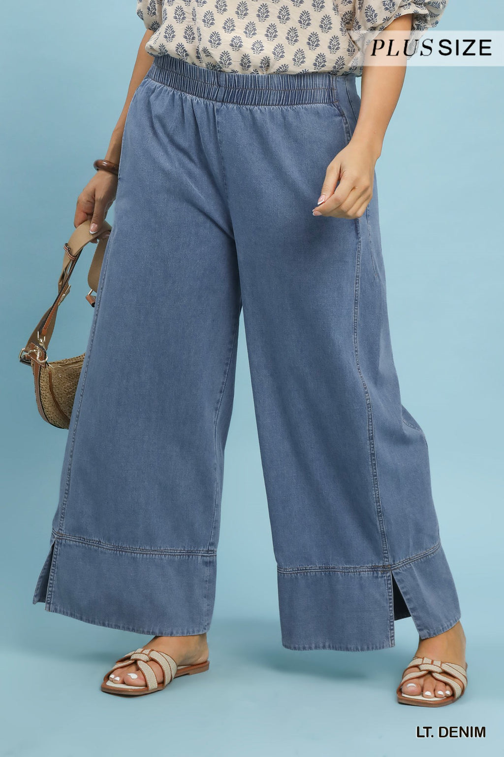 Stone Wash Denim Wide Leg Pants