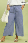 Linen Blend Striped Wide Leg Pants: Blue