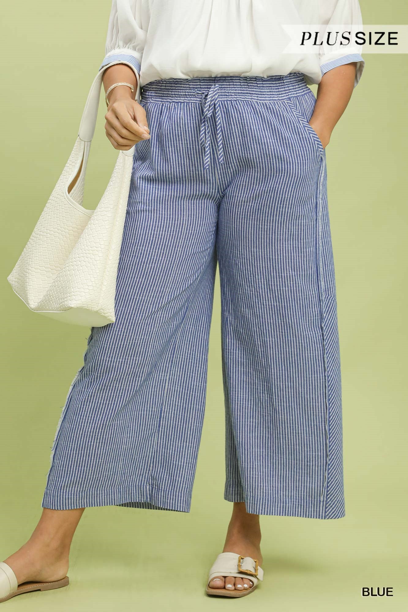 Linen Blend Striped Wide Leg Pants: Blue