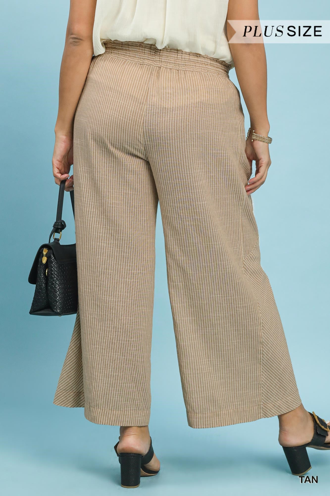 Linen Blend Striped Wide Leg Pants: Tan