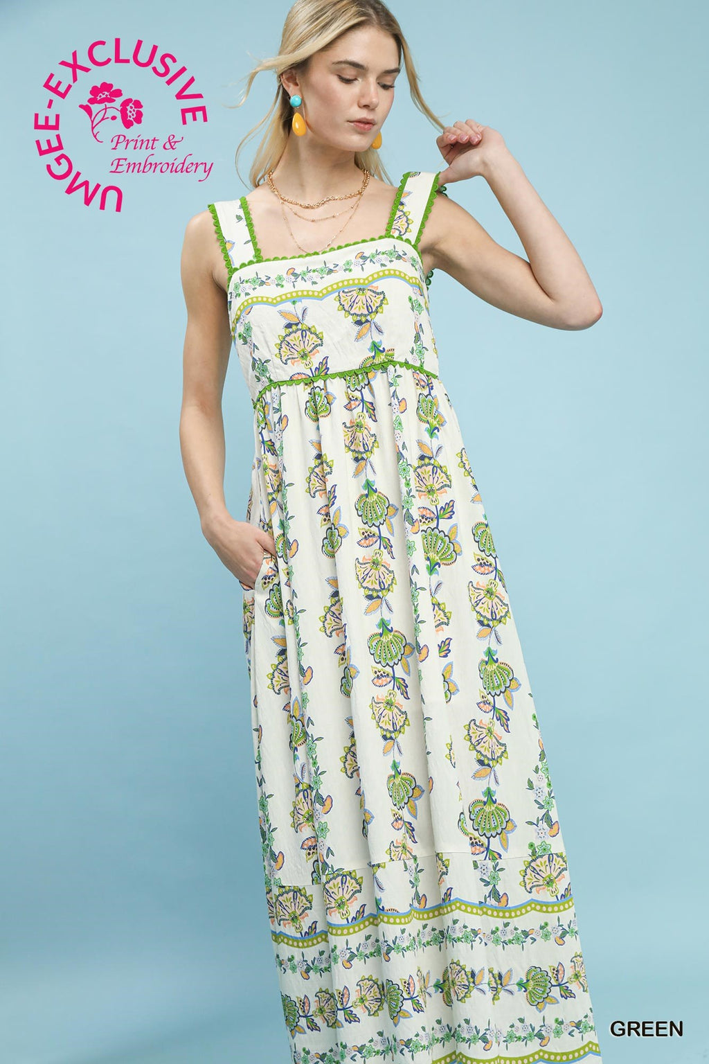 Floral Print Tiered Midi Dress - Green