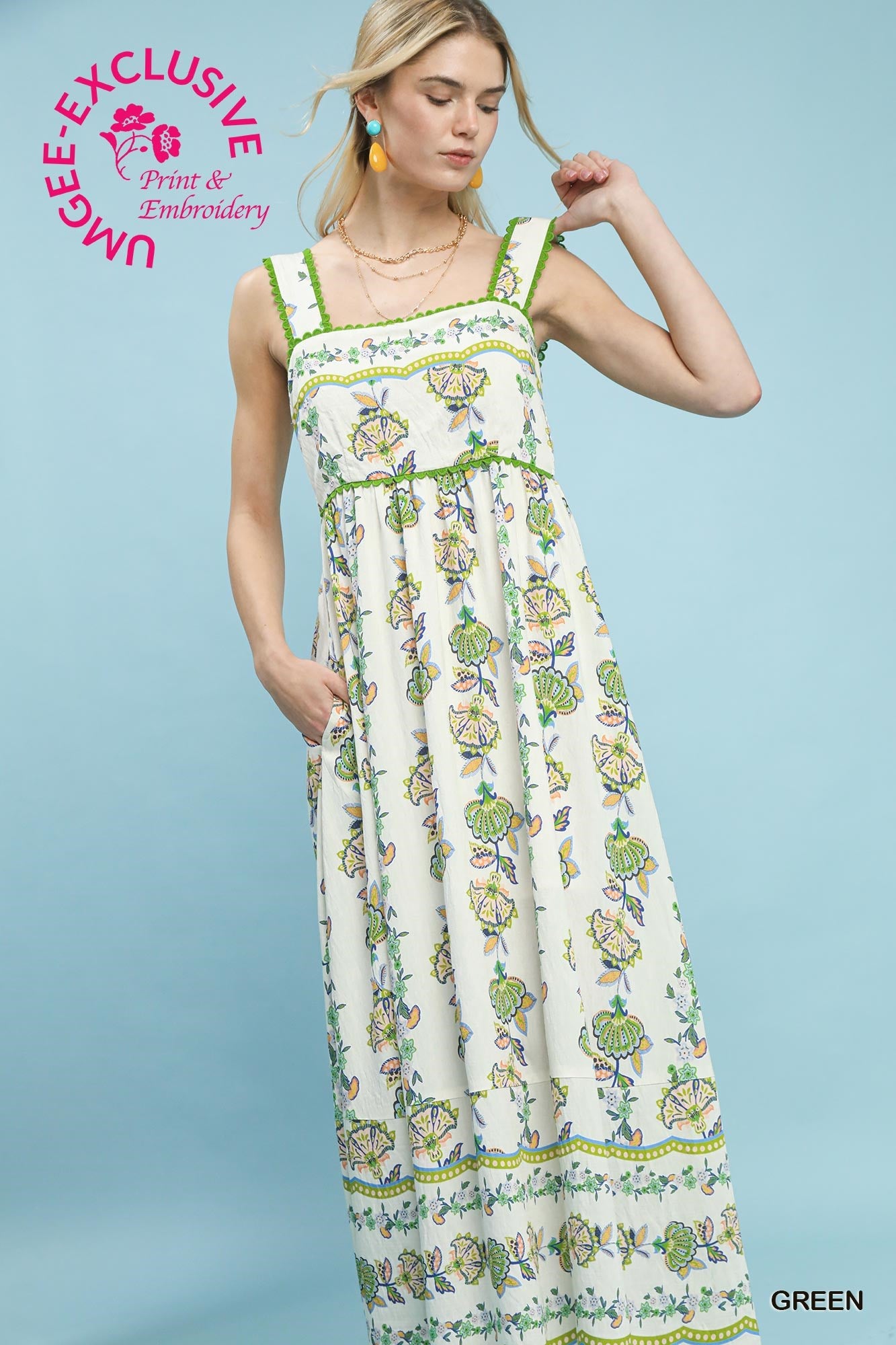 Floral Print Tiered Midi Dress - Green
