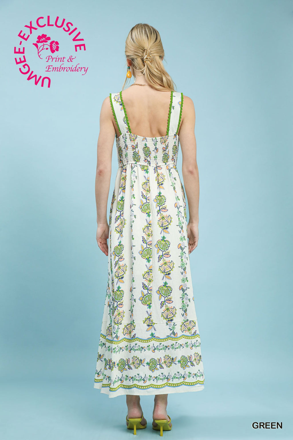 Floral Print Tiered Midi Dress - Green