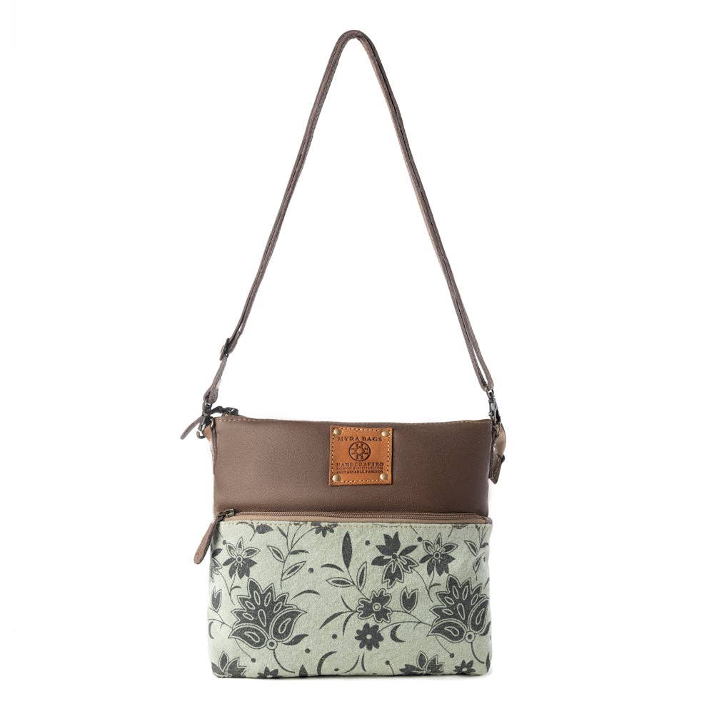 Wildprint Trail upcycled canvas crossbody Bag for Women in sage with floral detail: Sage