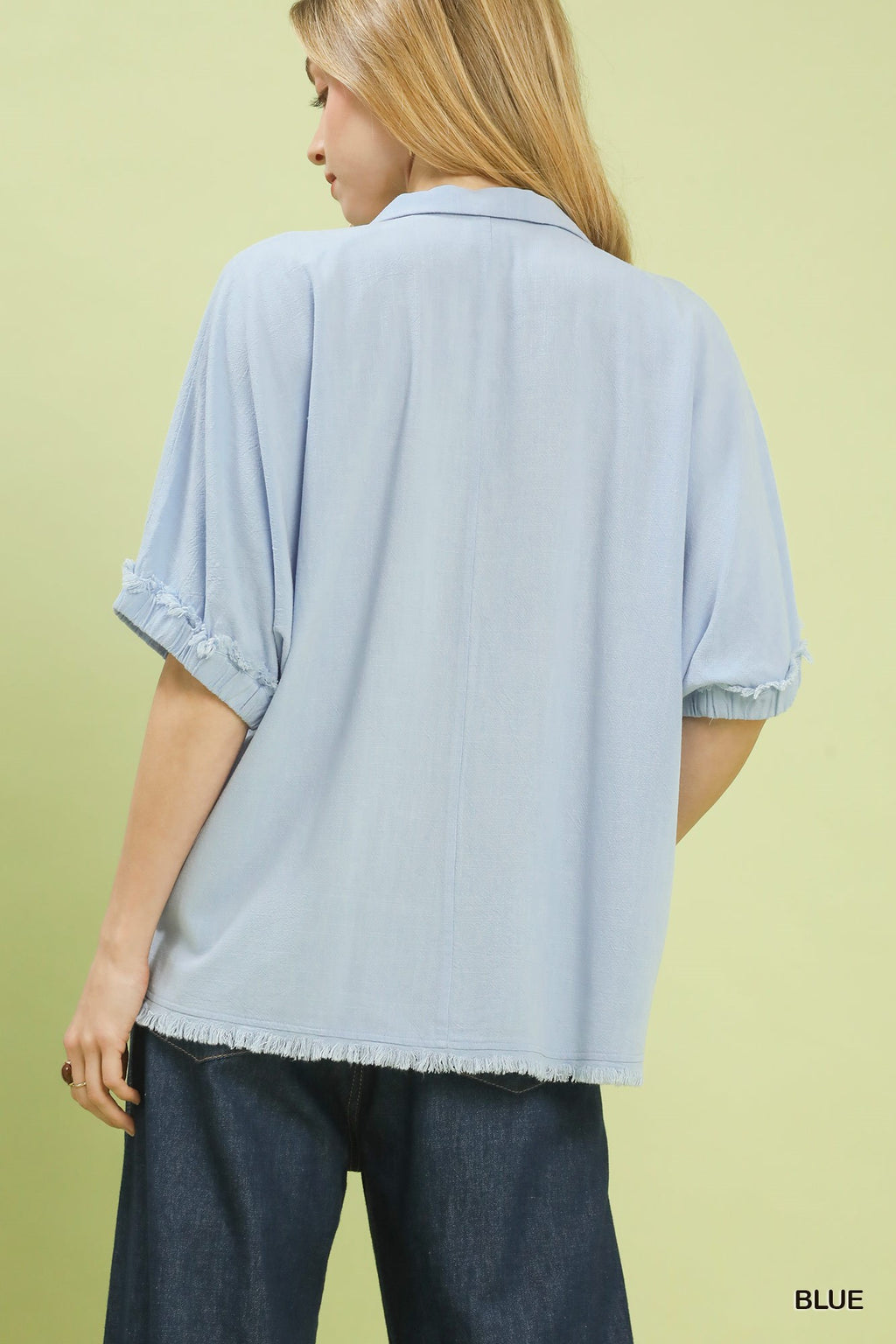 Linen Frayed Edge Split Neck Short Sleeve Top: Blue