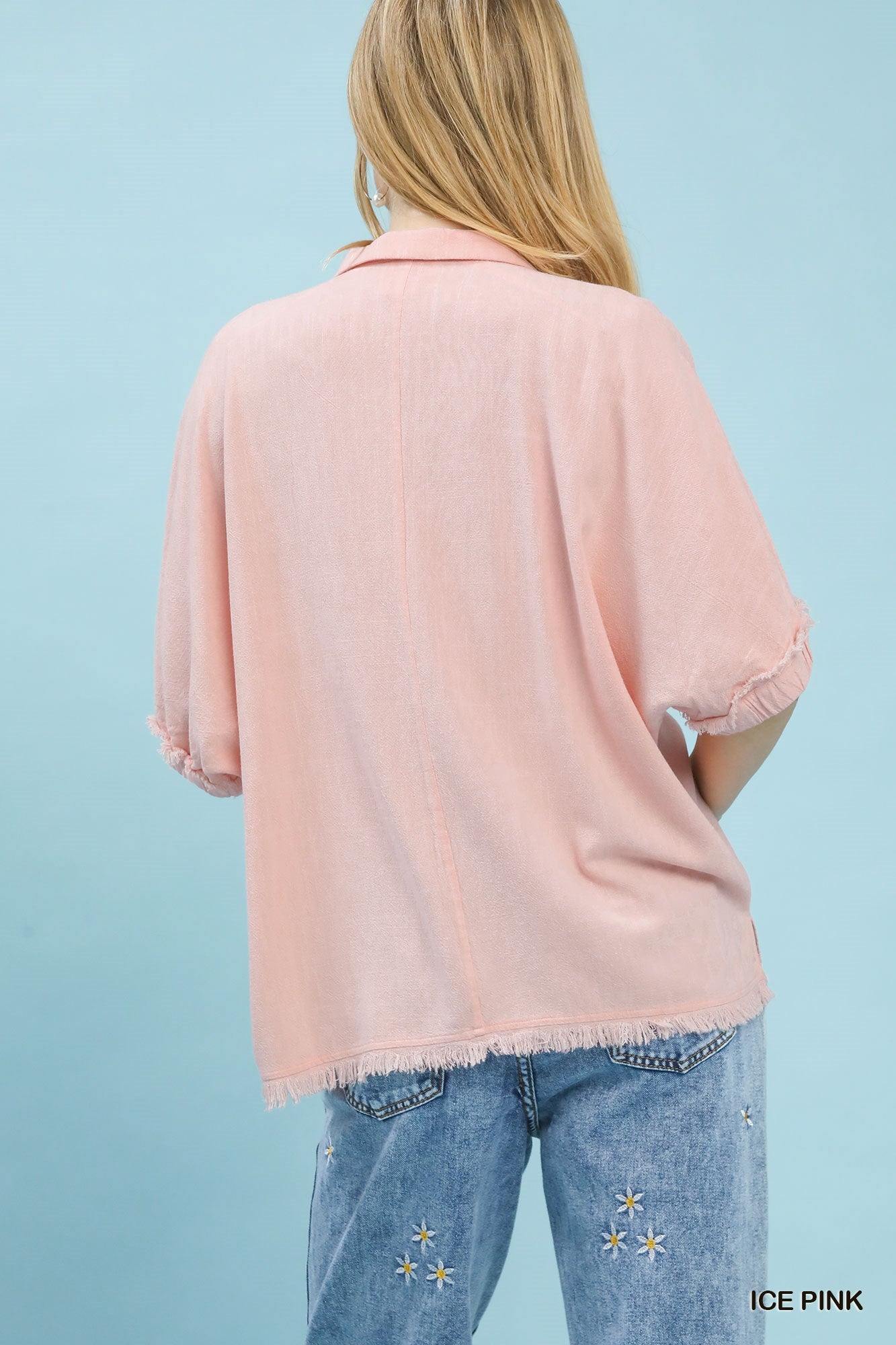 Linen Frayed Edge Split Neck Short Sleeve Top: Ice Pink