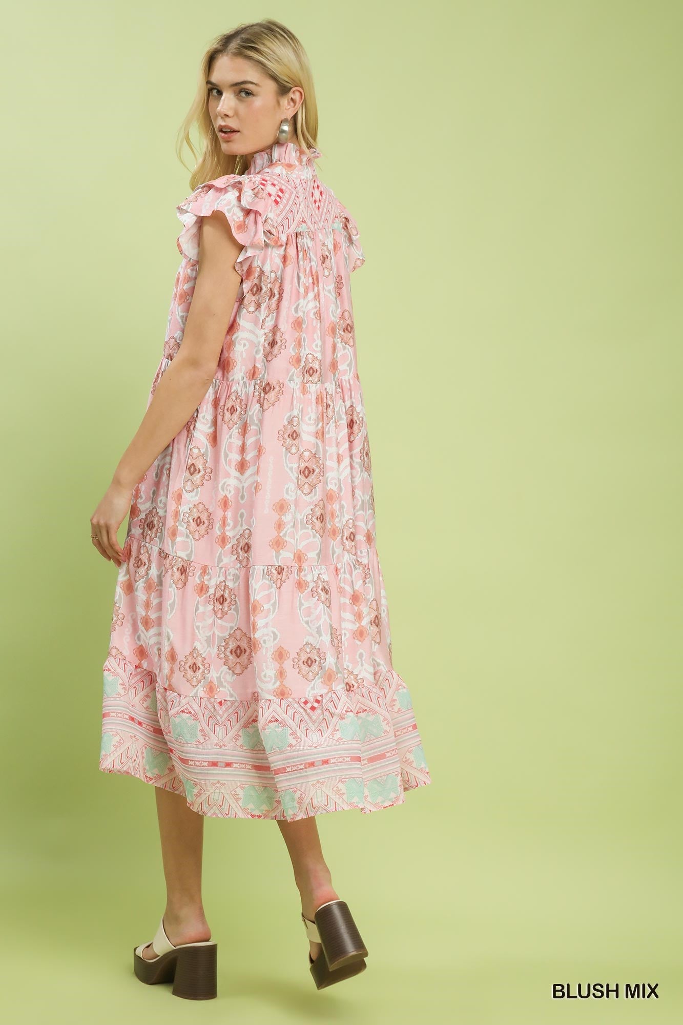 Boho Mint Mix Printed Tiered Midi Dress
