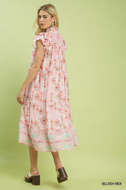 Boho Mint Mix Printed Tiered Midi Dress