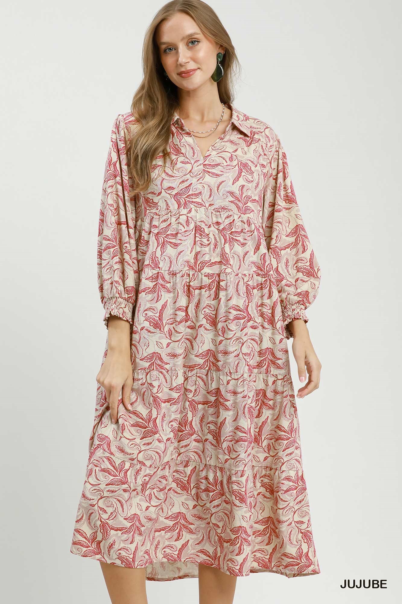 Linen Botanical Print Tiered Midi Dress - Jujube