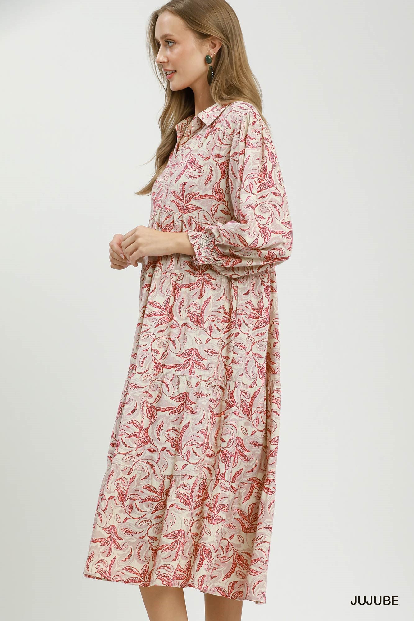 Linen Botanical Print Tiered Midi Dress - Jujube