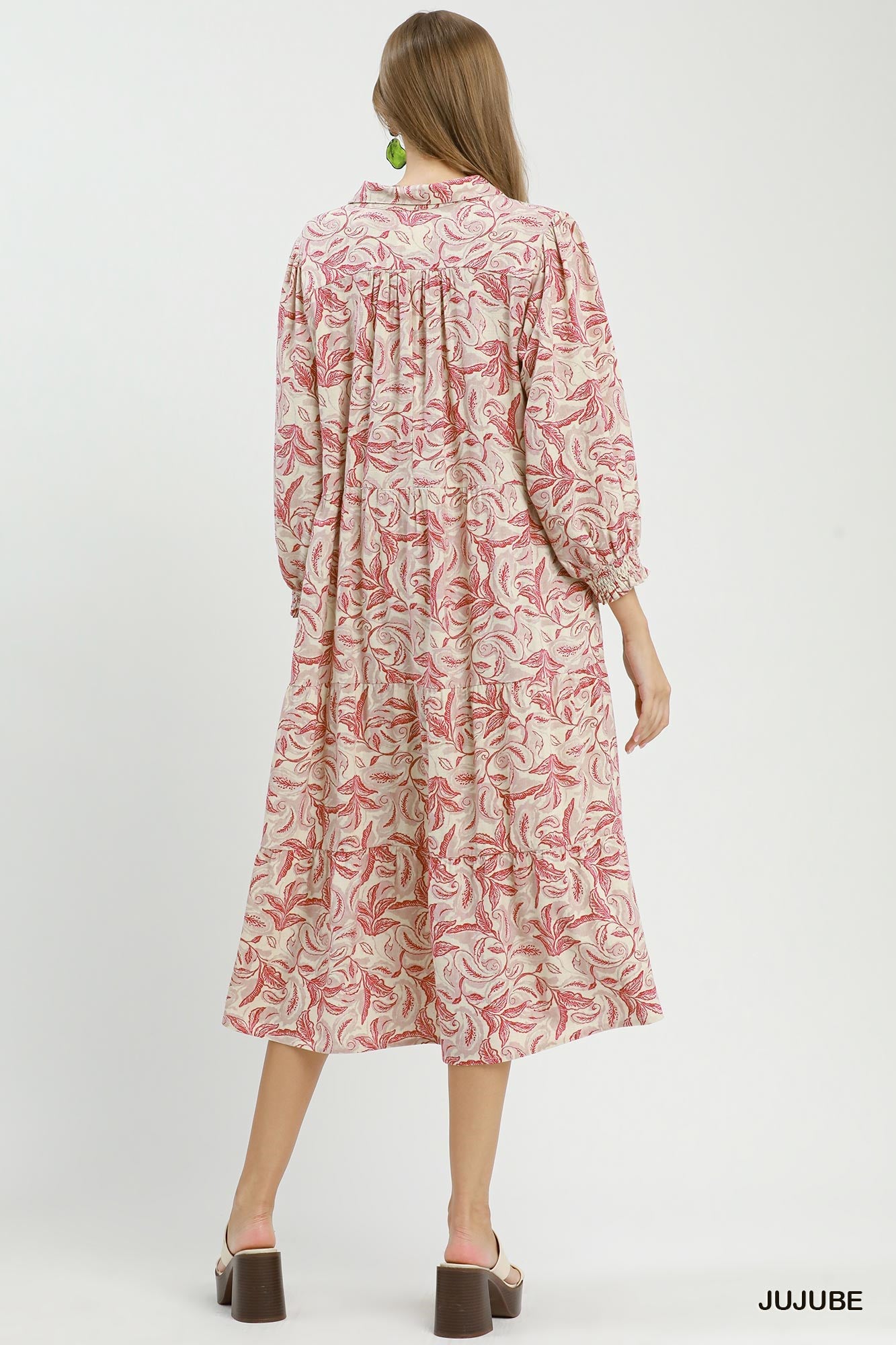 Linen Botanical Print Tiered Midi Dress - Jujube
