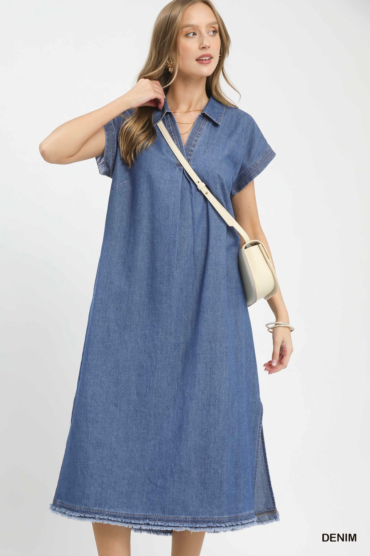 Stone Washed Collared Denim Midi Dress