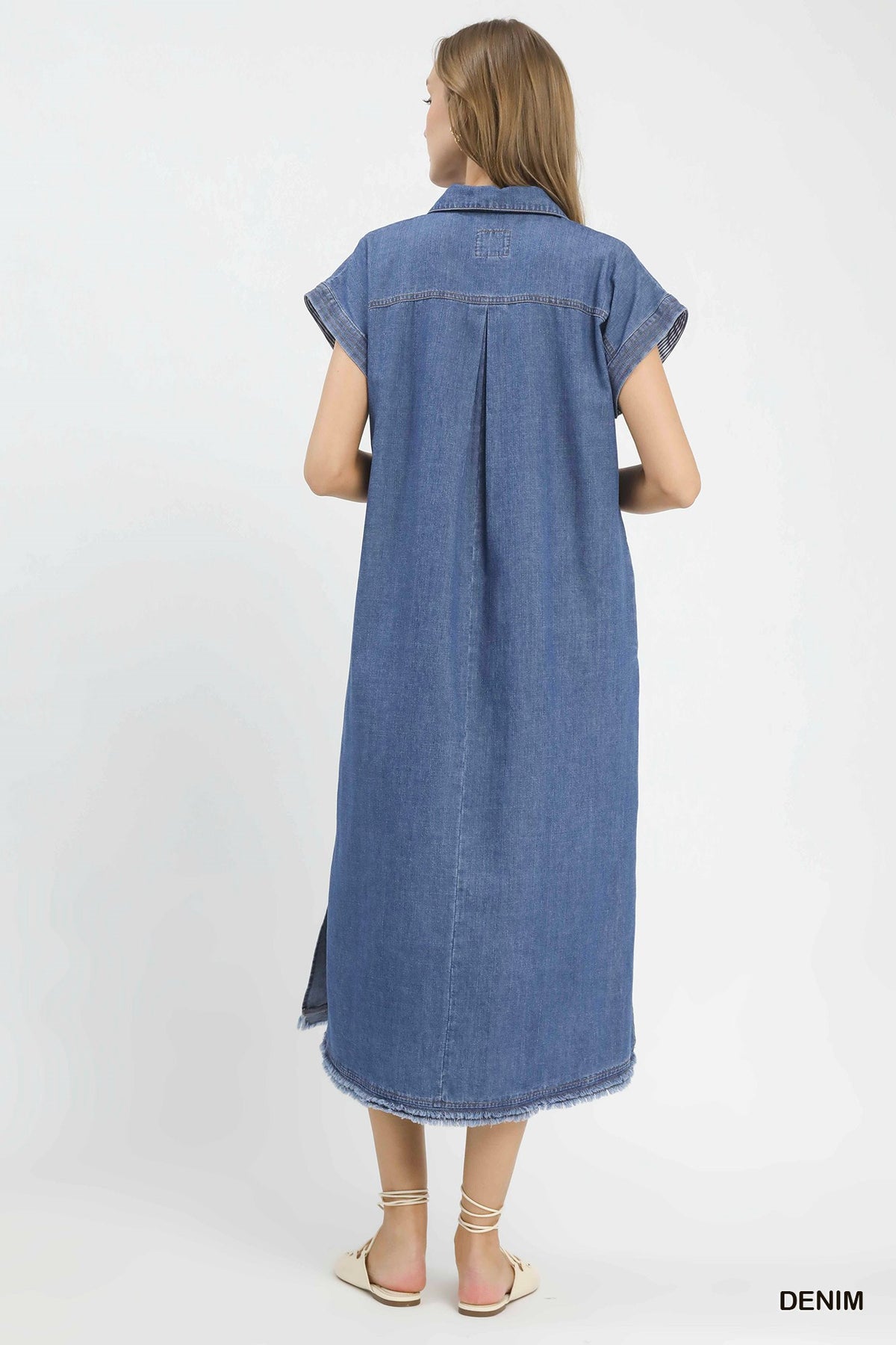 Stone Washed Collared Denim Midi Dress