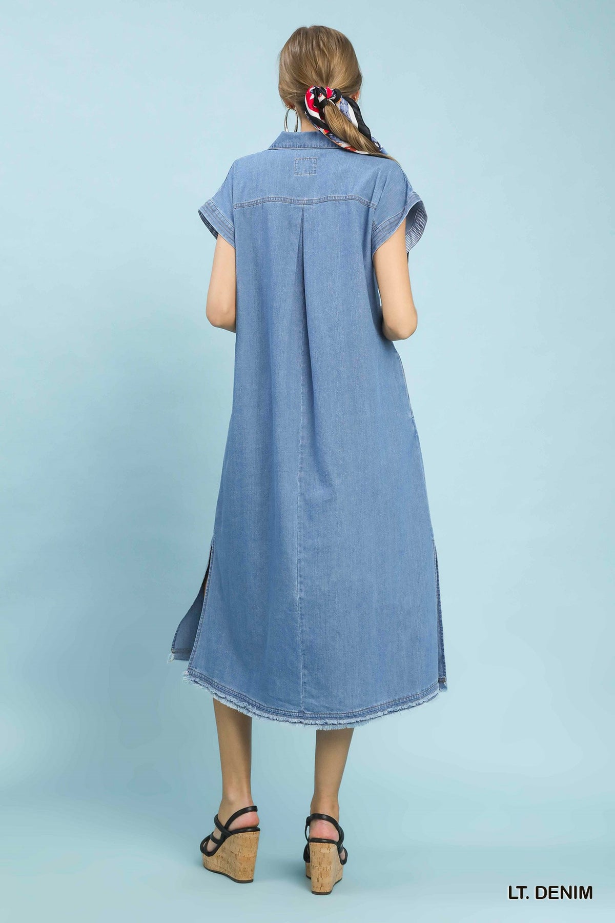 Stone Washed Collared Denim Midi Dress