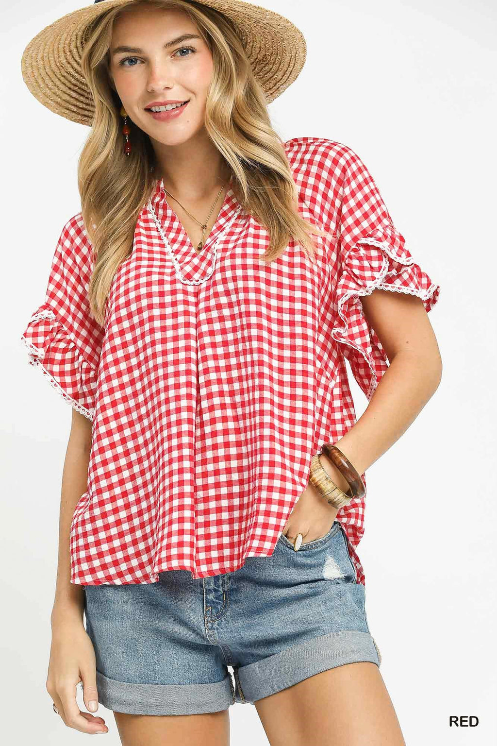 Gingham Ruffle Top: Red