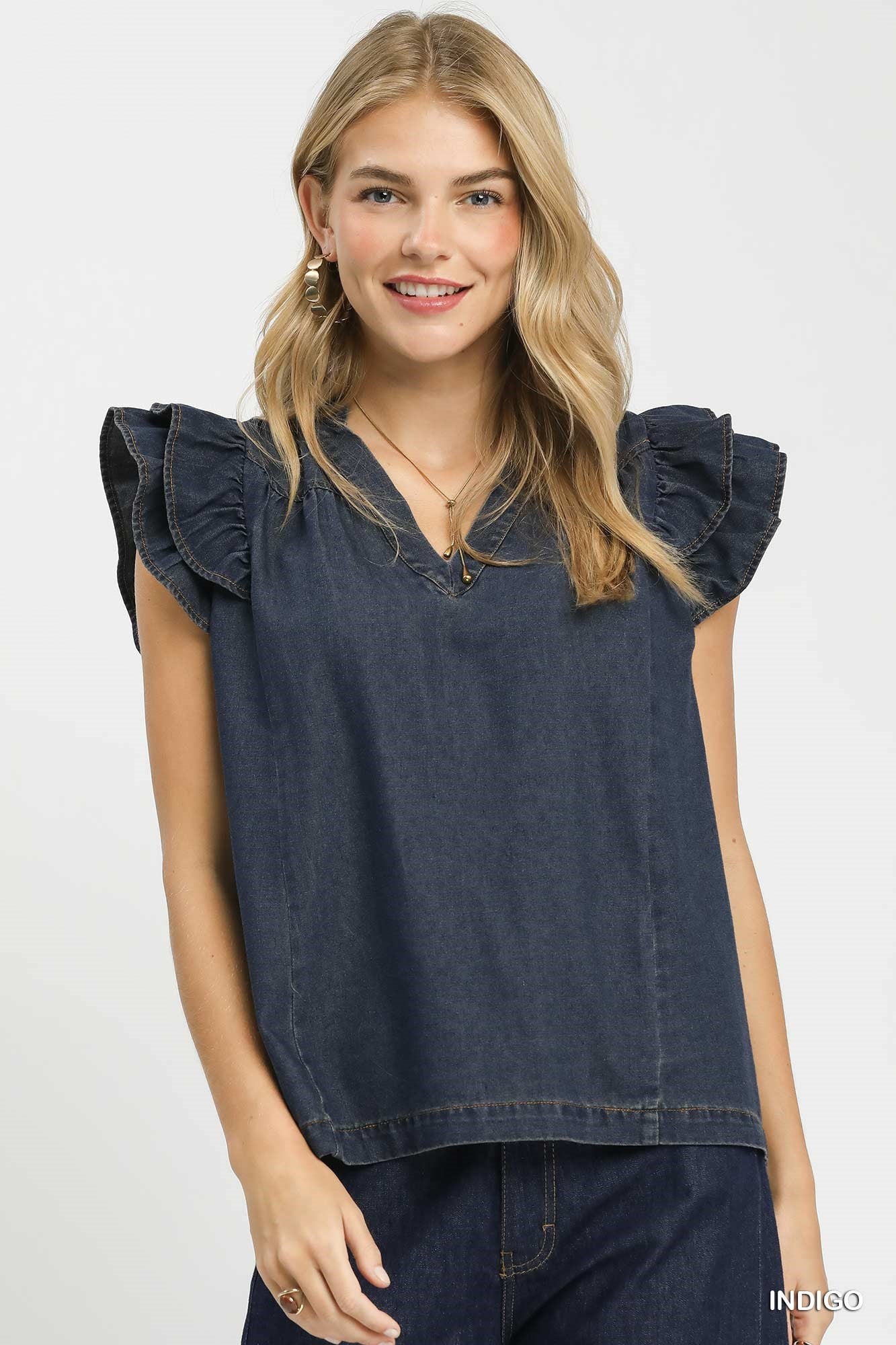 Chambray Ruffle Top: Indigo